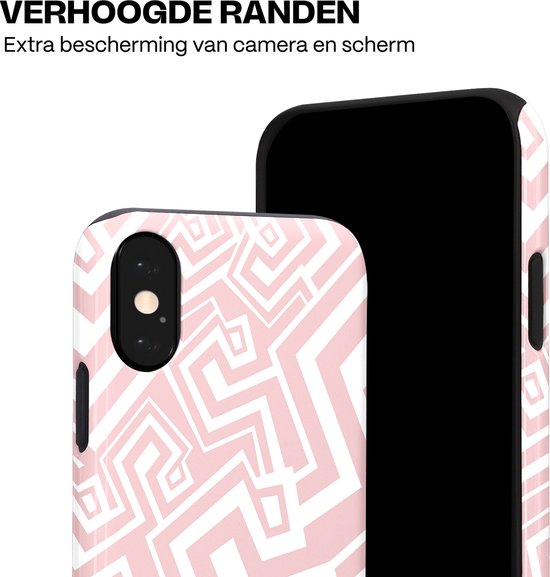 Roze hoesje met wit abstract patroon, verhoogde randen beschermen camera en scherm.