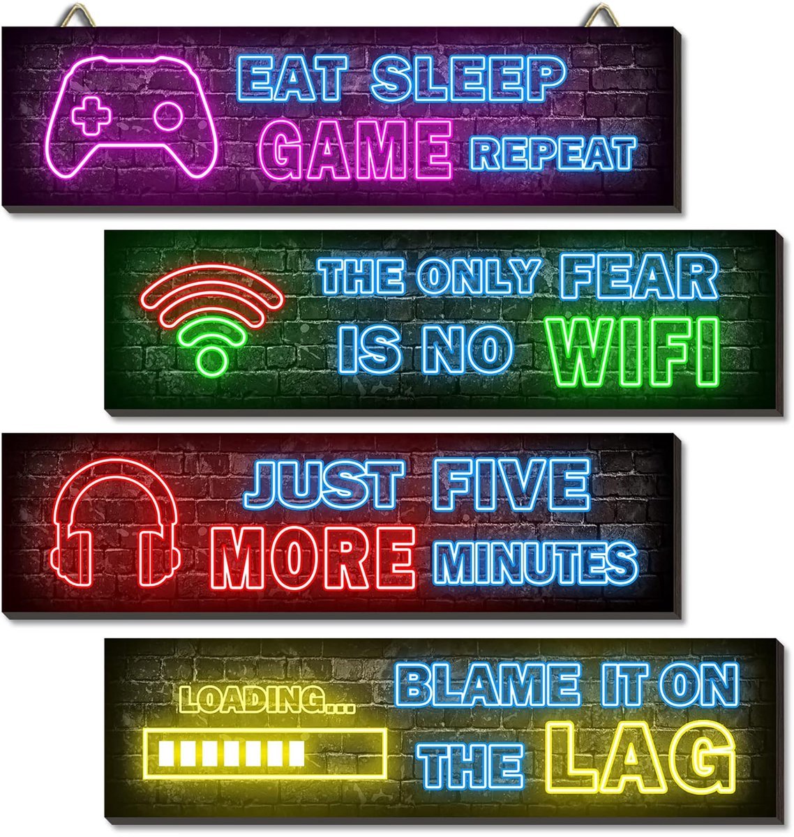 Stunq® 4 Stuks Houten Gaming Bordjes met Spreuk, Wanddecoratie voor Playstation & Gamerkamer