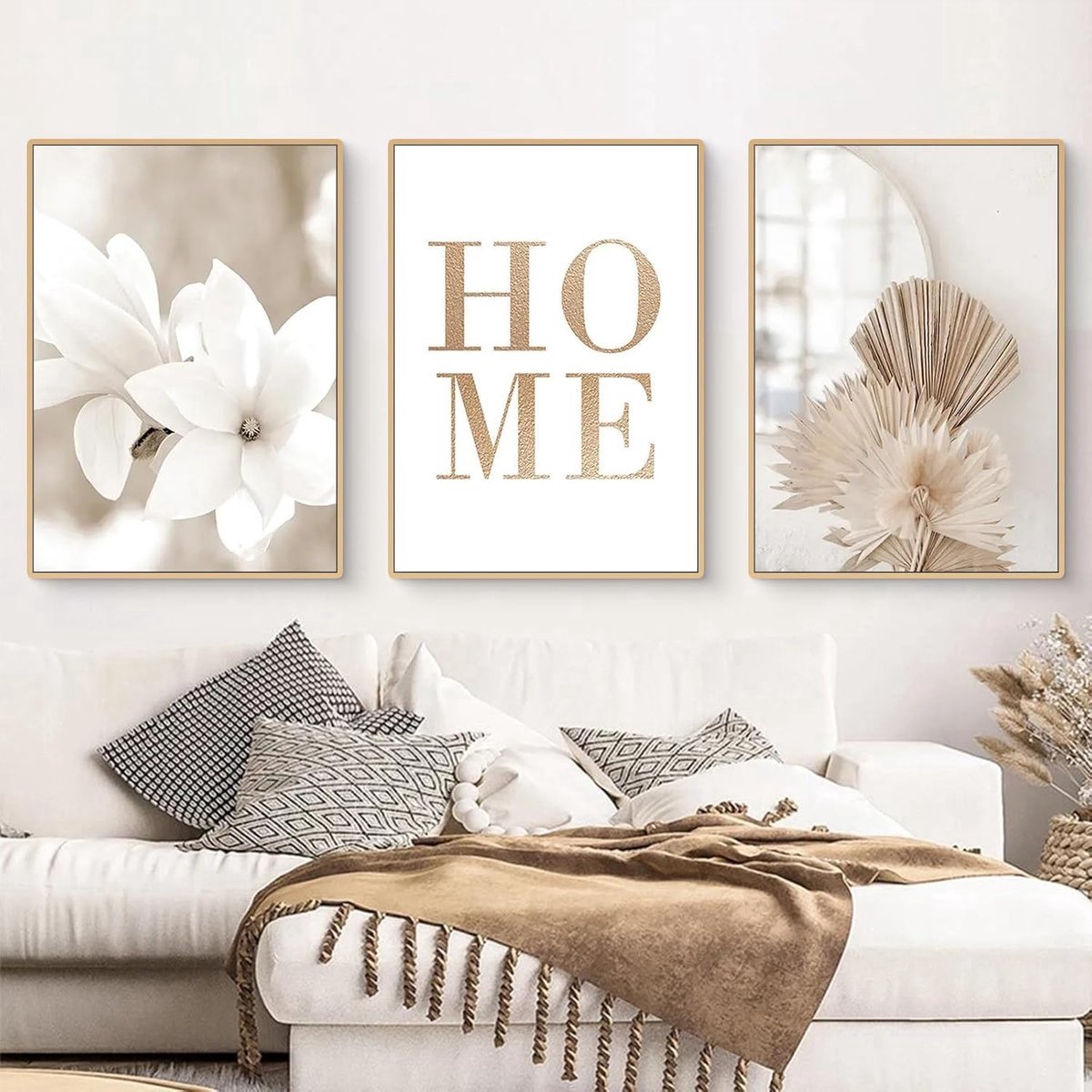 Stunq® Gedetailleerde Kunstpampasgras Wanddecoratie Set - 3 Stuks Beige