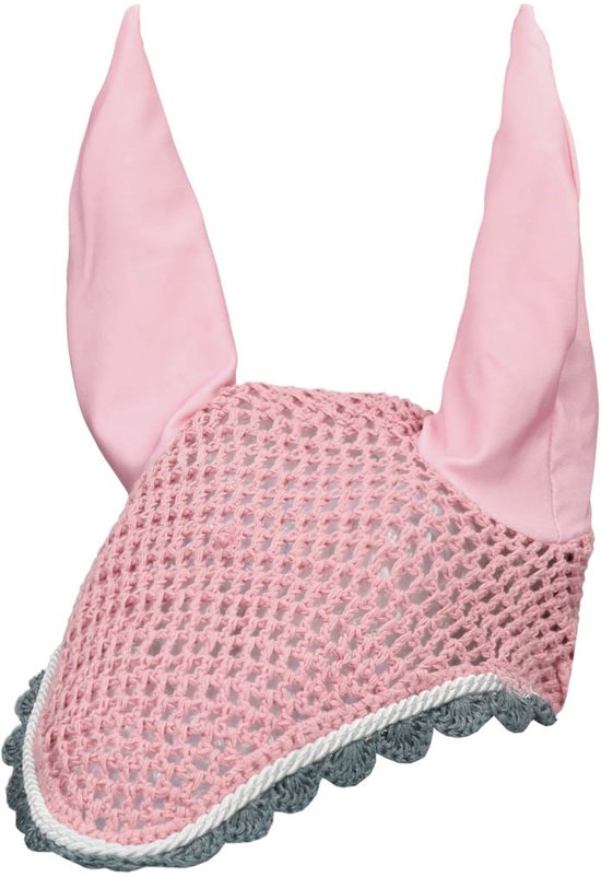 Roze oornetje met mesh aan de onderkant en decoratieve rand van grijze en witte koordjes.