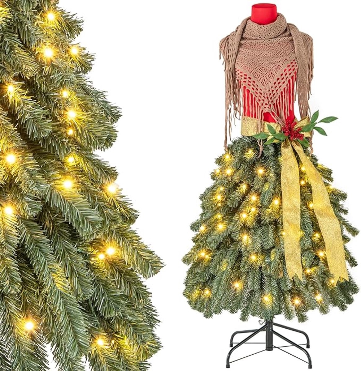 Kunstkerstboom in paspop-stijl – 150 cm dennenboom met 100 warmwitte LED-lampjes, rode bessen en afneembare sjaal, perfect voor thuisdecoratie