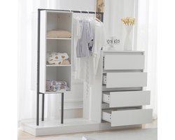 Re-purelife® Garderobe Kast met Klerenrail en 4 Lades - Opbergmeubel met 3 Open Planken - Kinderkamer Kledingkast 140x40x135 cm - Slaapkamer Meubilair - Wit