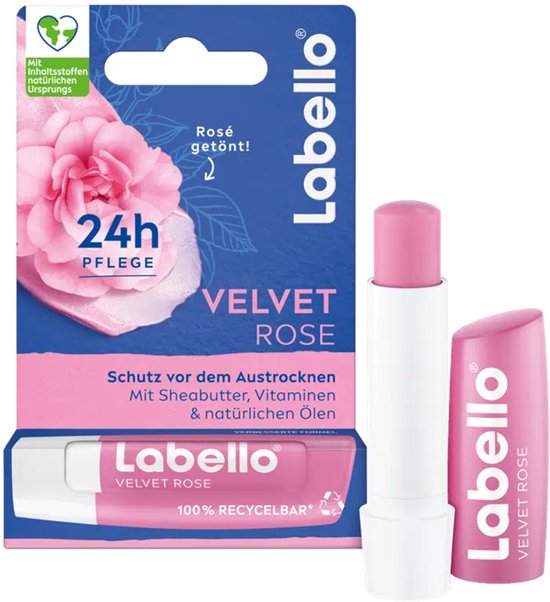 Verpakking Labello Velvet Rose met lippenbalsem in roze huls. Afbeelding van een roos en 24 uur verzorging.
