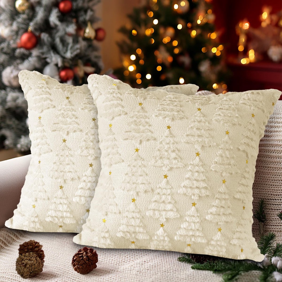 Unyqoos Set van 2 decoratieve kussenhoezen met winterse kerstmotieven voor huisdecoratie Wit