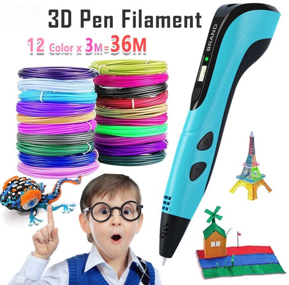 3D-pen voor kinderen met LCD-scherm, 12 kleuren x 3Mfilament, DIY educatieve 3D-graffiti-schildering - Blauw