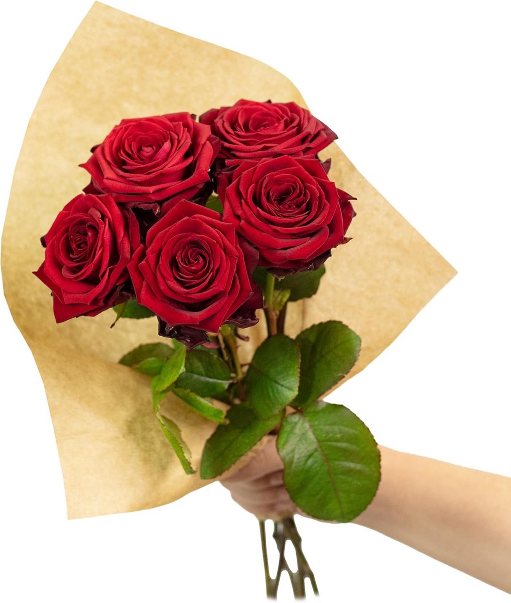 Boeket Rode Verse Rozen - 5 Stelen - 50 cm Lengte