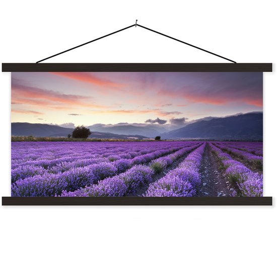Porte-affiche avec affiche - Affiche scolaire - Un magnifique champ de lavande au coucher du soleil - 120x60 cm - Lattes noires