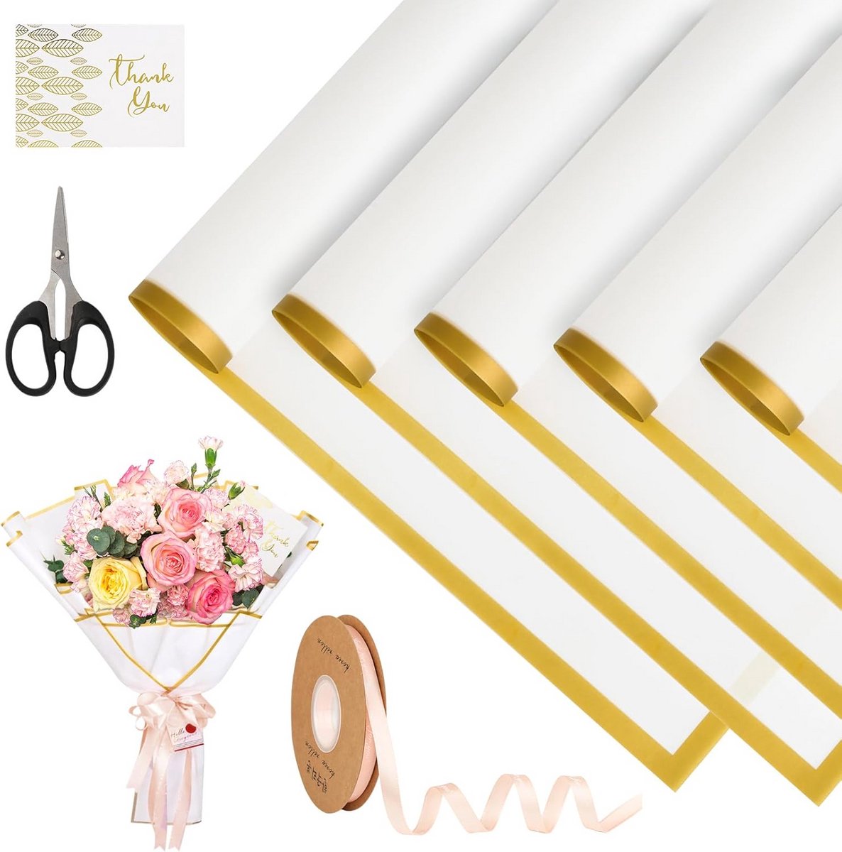 Boeket cadeaupapier 20 vellen 58 x 58 cm waterdicht met lint, kaart en schaar voor bruiloften en verjaardagen