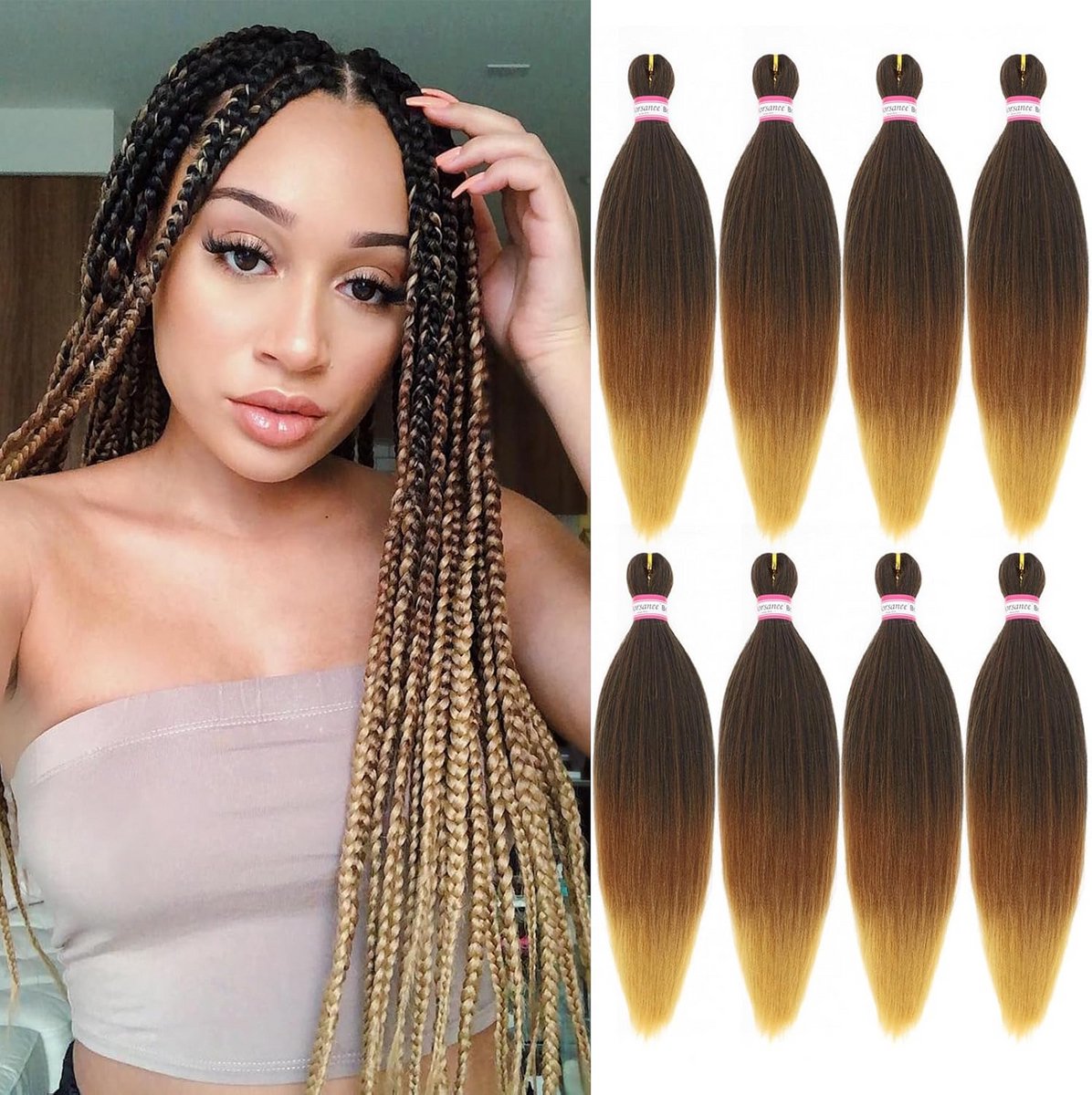 3-Tonige Voorgetapete Vlechthaar Extensions 50 cm - Ombre Bruin/Blond Yaki Haarkleur