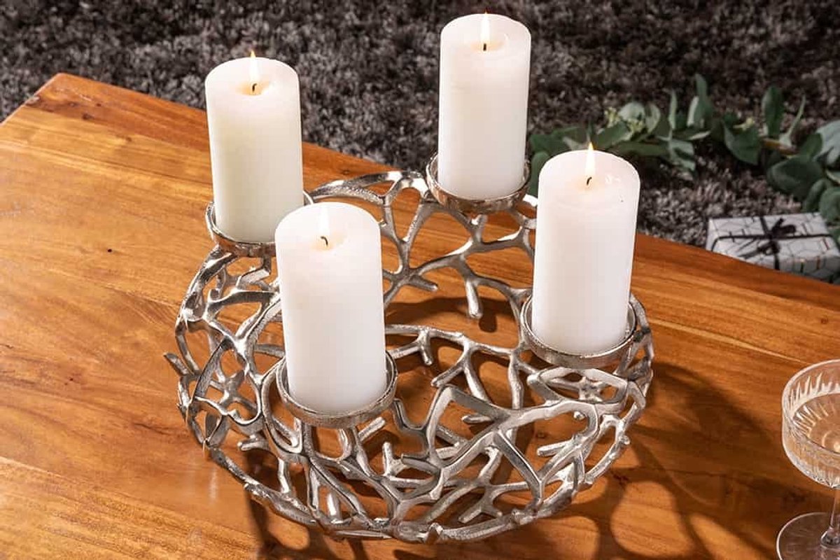 Elegante kandelaar ABSTRACT 38cm zilveren takkenkrans voor 4 kaarsen - 41277