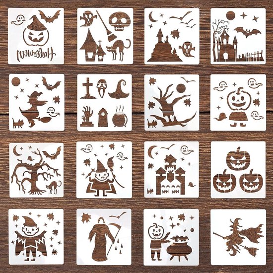 15x15 cm Halloween schilderij sjablonen set - herbruikbare stencils voor DIY ambachten - pompoen, spook, heks, vleermuis, skelet patronen - muur, raam, doek schilderen - 16 stuks