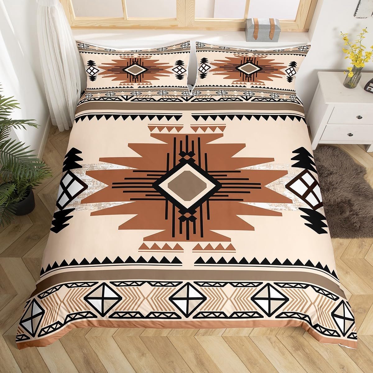 Ibenzoa Stijlvol Bohemien Dekbedovertrek met Geometrisch Design voor Slaapkamer Beige en Bruin