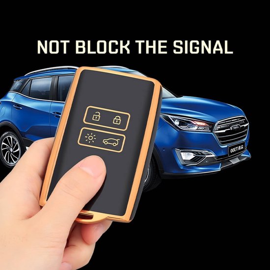 Gouden en zwarte autosleutelcover in de hand voor een blauwe Dacia. De cover heeft 4 knoppen.