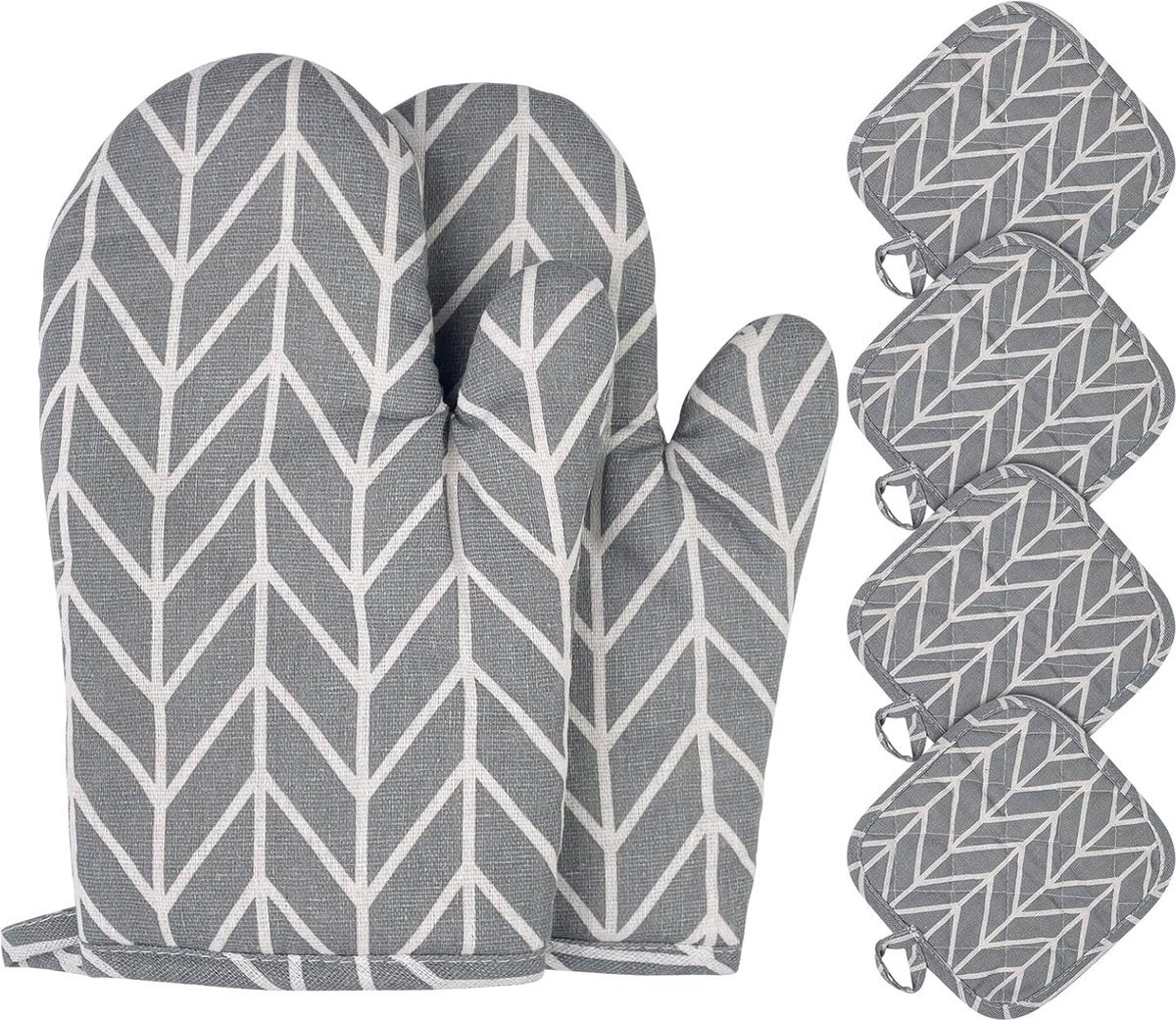 Stunq® Hittebestendige ovenwanten, katoenen antislip ovenhandschoenen, 1 paar ovenwanten en 4 pannenlappen, kookhandschoenen, wasbare ovenwanten, voor koken, bakken, grillen