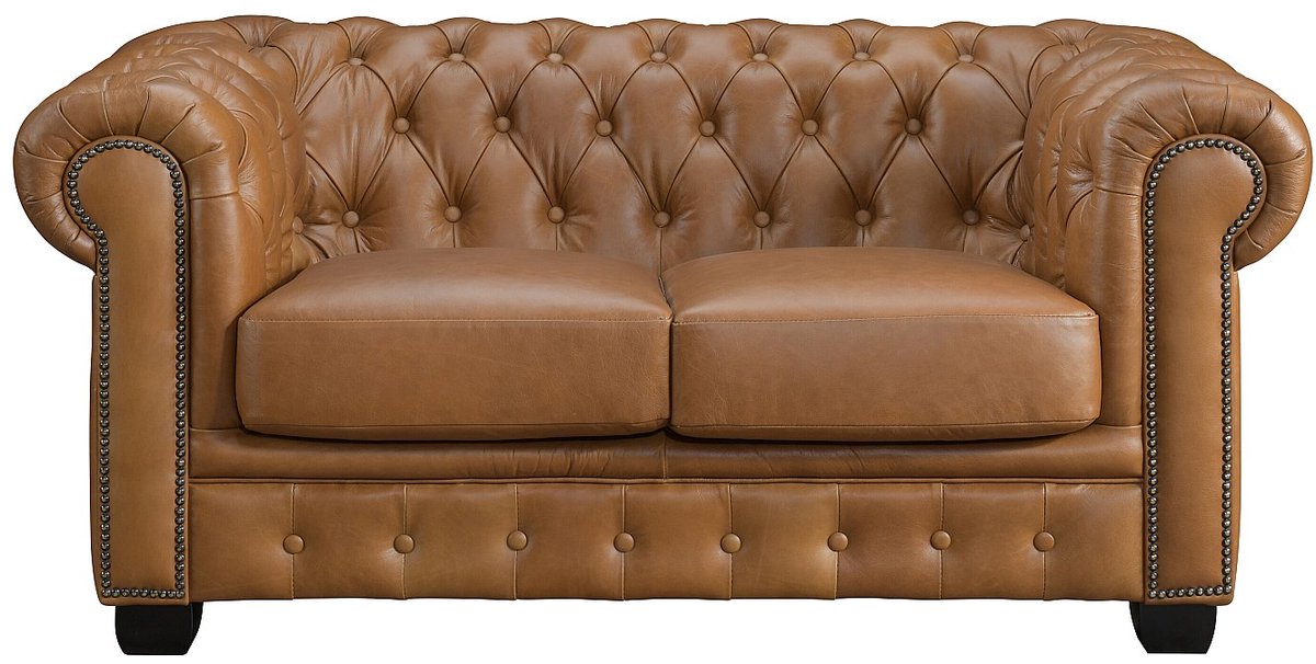 Vente-unique Chesterfield 2-zitsbank BRENTON 100% buffelleer - Vintage caramel Camel