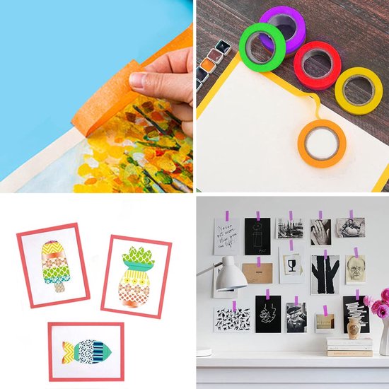 Collage van vier afbeeldingen: hand die oranje tape van een schilderij verwijdert, gekleurde tape op een bureau, drie ingelijste afbeeldingen van ijsjes en vis, en foto's opgehangen met paarse clips.