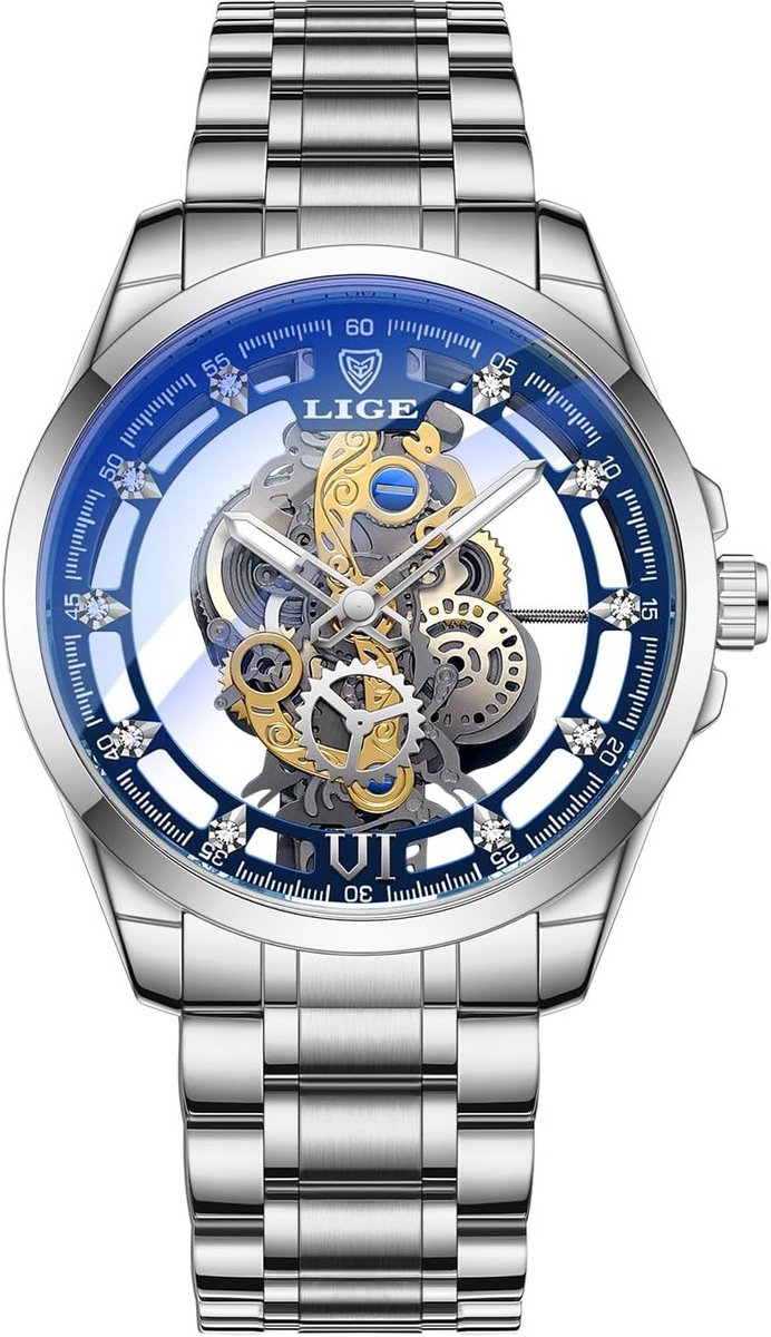 Luxe Mechanisch Herenhorloge met Zilverkleurige Roestvrijstalen Band en Transparante Wijzerplaat