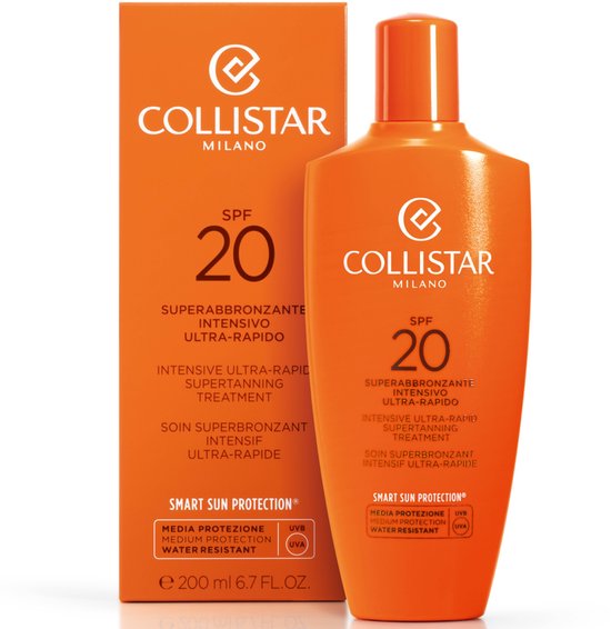 Collistar zonnebrandmelk SPF 20 en bijbehorende oranje doos.
