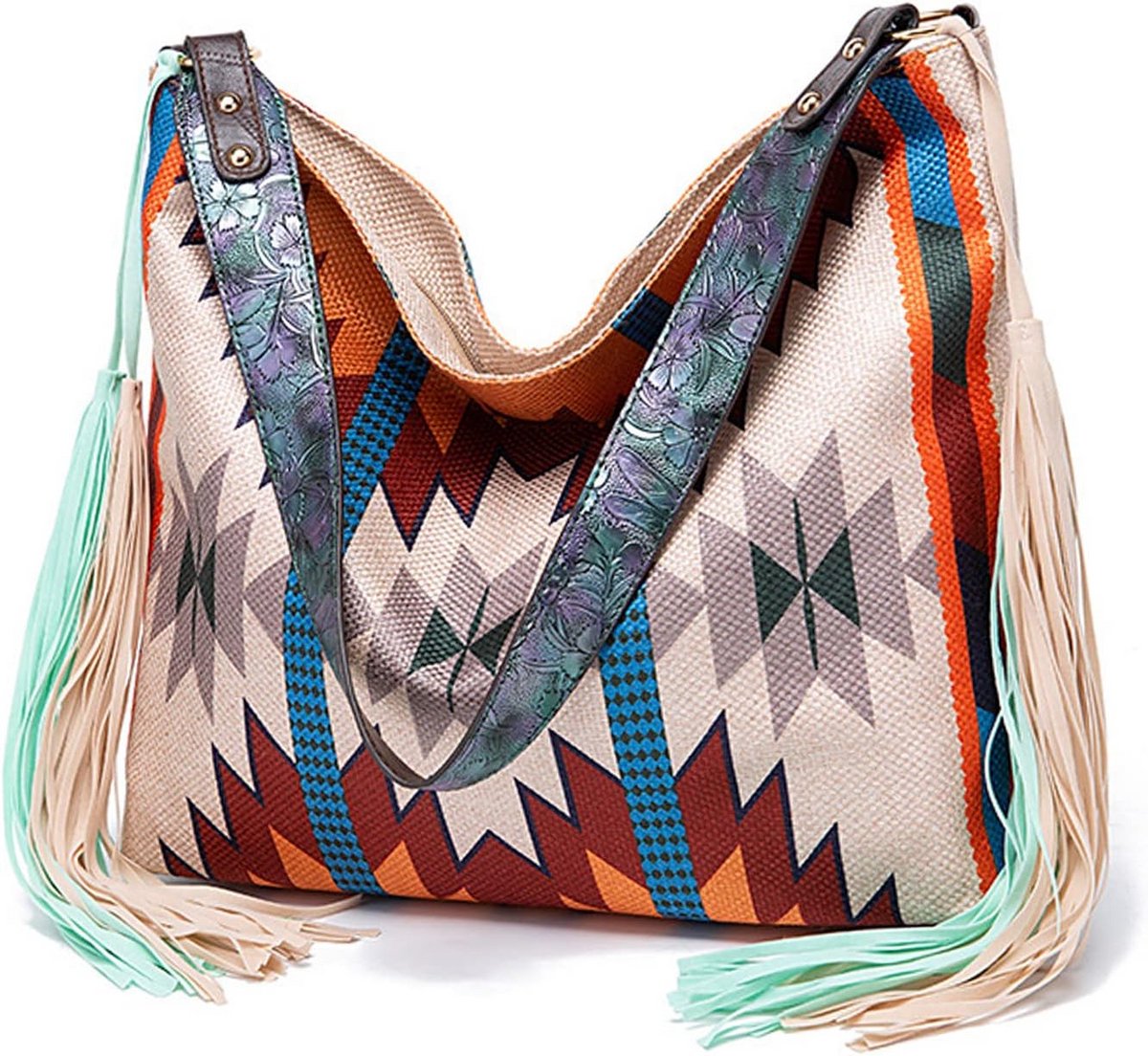 Grote Boho Schoudertas Dames - Lichtgewicht Katoenen Boodschappentas met Kleurrijke Print