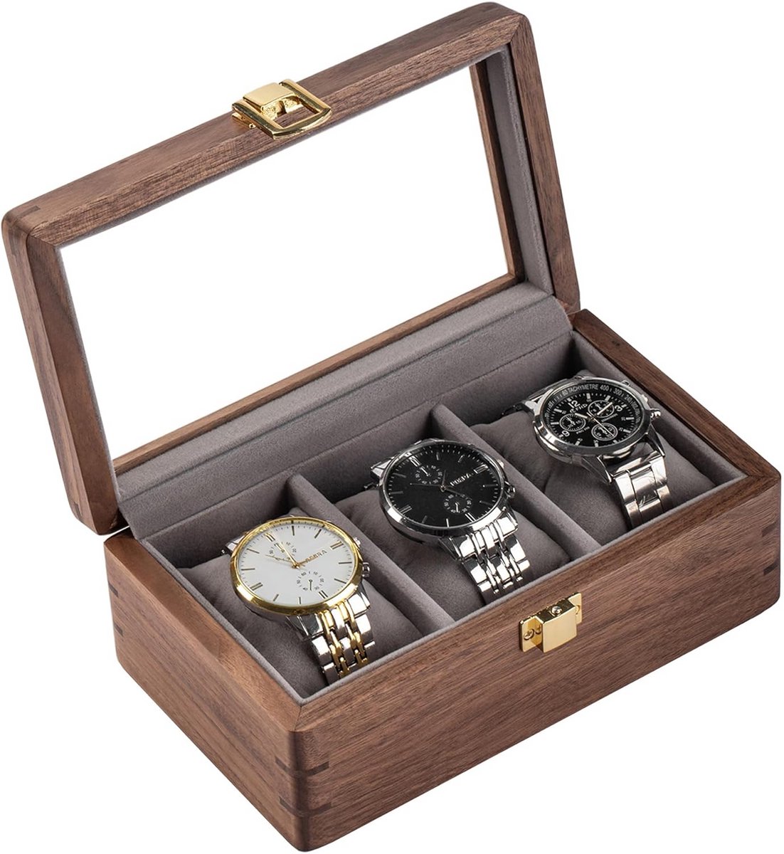 Luxe Houten Horlogedoos voor 3 Horloges - Massief Walnoothout met Glazen Deksel