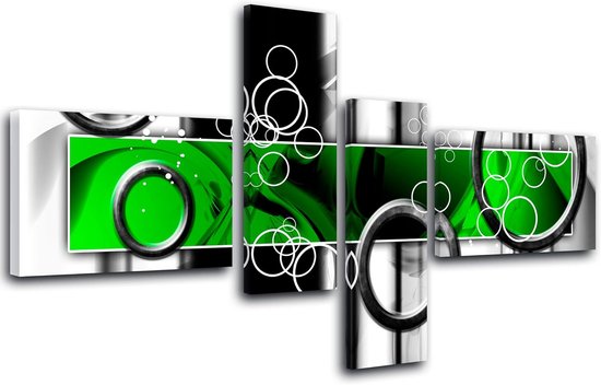 Moderne vierdelige wanddecoratie met abstracte geometrische ringen in groen, zwart en wit.