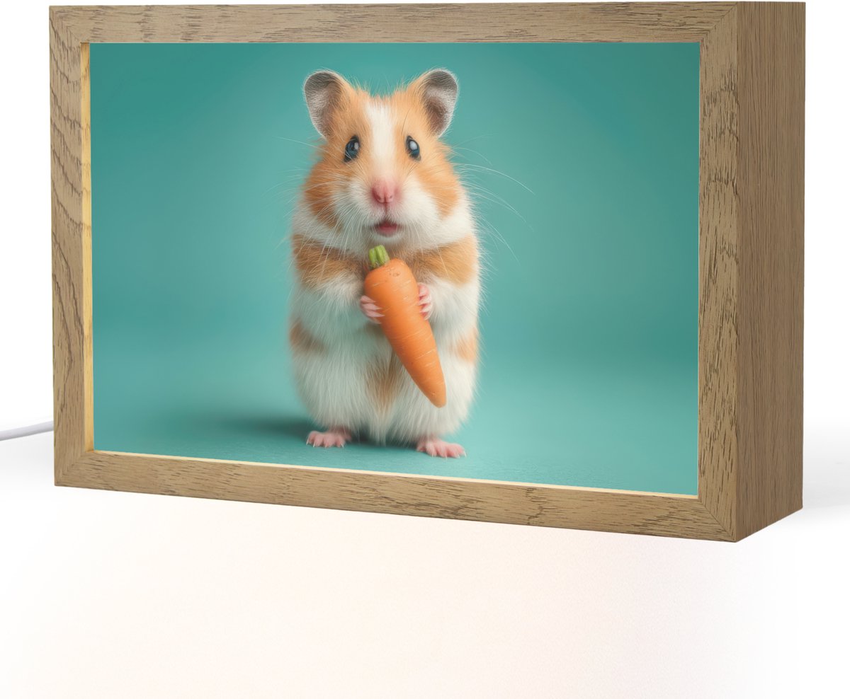 Nachtlampje 30x20 cm - Kinder lampje - Hamster - Wortel - Blauw - Tafellamp kinderkamer - 