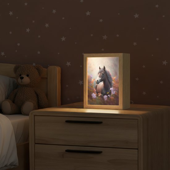 Nachtlampje 15x20 cm - Kinder lamp - Paard - Bloemen - Natuur - Paars - Dieren - Tafellamp kinderkamer - Slaapkamer lamp - Bedlamp kinderen - Kinderlampje stopcontact - Wandlamp babykamer - Nachtlampjes van Merkloos — afbeelding 2