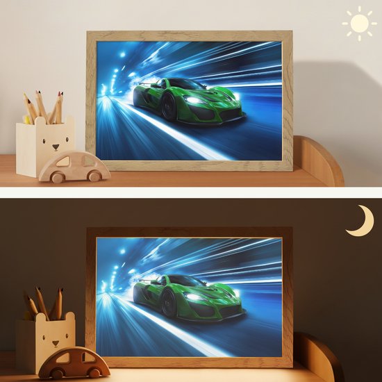 Nachtlampje 30x20 cm - Kinder lamp - Groene racewagen - Blauw - Neon - Licht - Tafellamp kinderkamer - Slaapkamer lamp - Bedlamp kinderen - Kinderlampje stopcontact - Wandlamp babykamer - Nachtlampjes van Merkloos — afbeelding 4