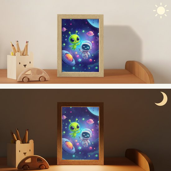 Nachtlampje 15x20 cm - Kinder lampje - Alien - Astronaut - Ruimte - Planeten - Tafellamp kinderkamer - Slaapkamer lamp - Bedlamp kinderen - Kinderlampje stopcontact - Wandlamp babykamer - Nachtlampjes van Merkloos — afbeelding 4