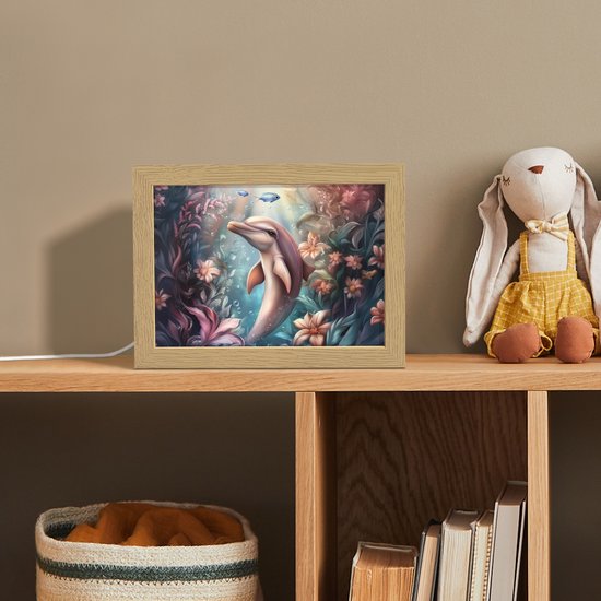 Nachtlampje 20x15 cm - Kinder lampje - Dolfijn - Vissen - Onderwaterwereld - Bloemen - Tafellamp kinderkamer - Slaapkamer lamp - Bedlamp kinderen - Kinderlampje stopcontact - Wandlamp babykamer - Nachtlampjes van OnlyWow — afbeelding 3