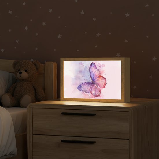 Nachtlampje 30x20 cm - Kinder lampje - Vlinder - Paars - Pastel kleuren - Verf - Tafellamp kinderkamer - Slaapkamer lamp - Bedlamp kinderen - Kinderlampje stopcontact - Wandlamp babykamer - Nachtlampjes van Vasilias — afbeelding 2
