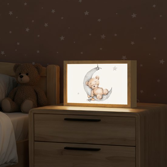 Nachtlampje 30x20 cm - Kinder lamp - Beer - Maan - Sterren - Kinderen - Tafellamp kinderkamer - Slaapkamer lamp - Bedlamp kinderen - Kinderlampje stopcontact - Wandlamp babykamer - Nachtlampjes van Lumisky — afbeelding 2