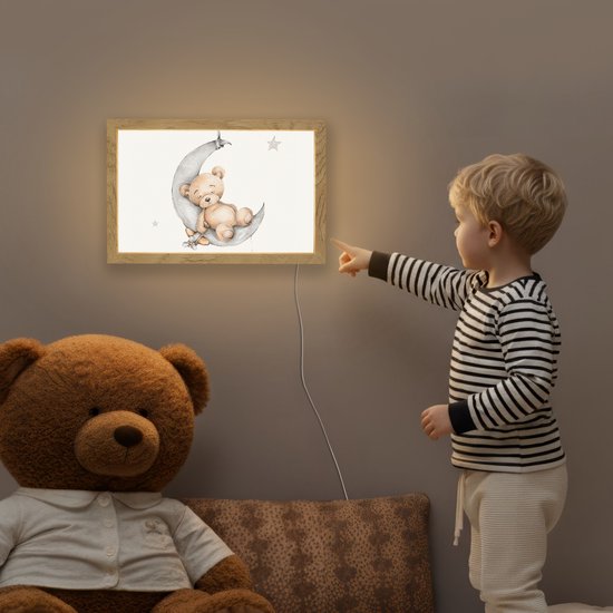 Nachtlampje 30x20 cm - Kinder lamp - Beer - Maan - Sterren - Kinderen - Tafellamp kinderkamer - Slaapkamer lamp - Bedlamp kinderen - Kinderlampje stopcontact - Wandlamp babykamer - Nachtlampjes van Lumisky — afbeelding 5