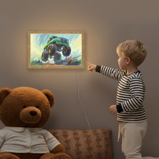 Nachtlampje 30x20 cm - Kinder lampje - Monstertruck - Auto - Jongens - Groen - Tafellamp kinderkamer - Slaapkamer lamp - Bedlamp kinderen - Kinderlampje stopcontact - Wandlamp babykamer - Nachtlampjes van Merkloos — afbeelding 5
