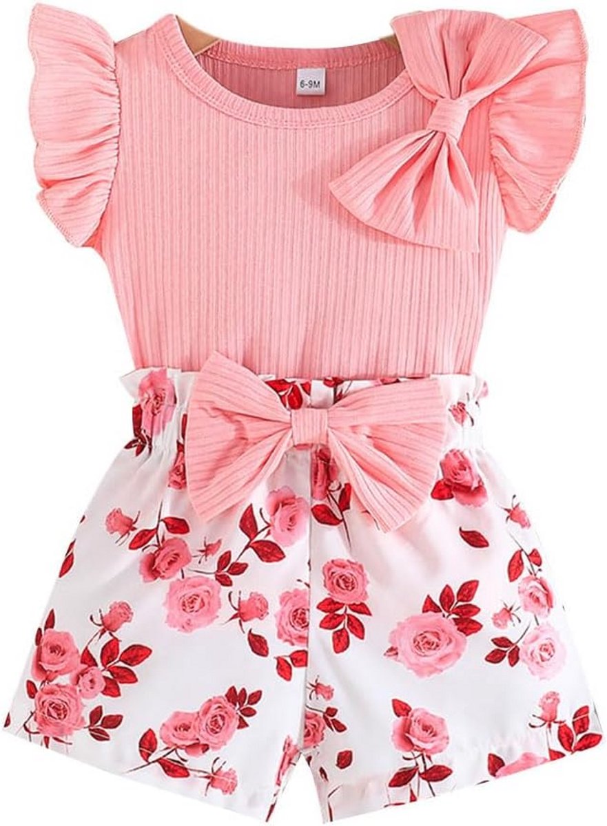 Schattige Zomer Set Meisjes: Bloemen Top met Ruches en Korte Broek - Roze