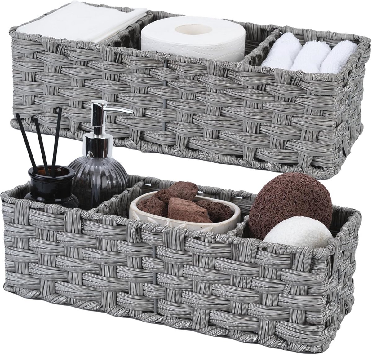 Handgeweven Organizer Voor Oppervlakken - Wicker Mandjes Voor Badkamer, Toilettank en Sleutels, Grijs, 36.5 x 15.5 x 10.5 cm, Set Van 2
