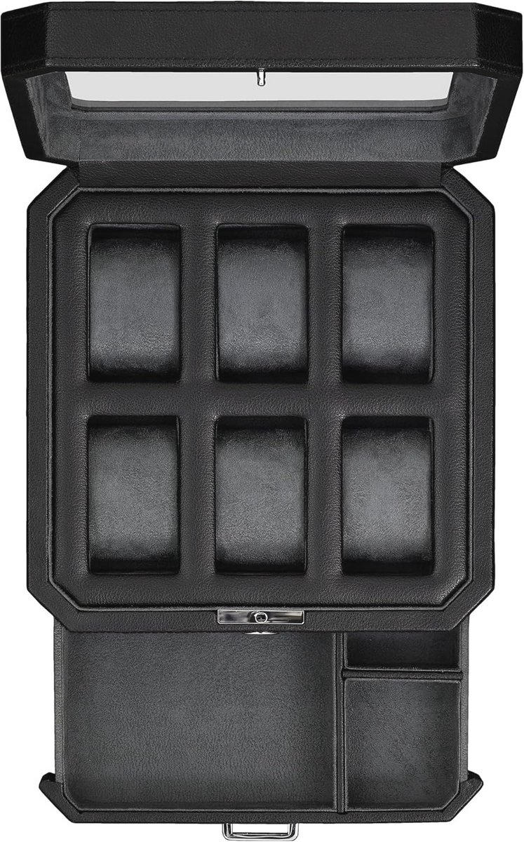 Luxe Horlogedoos van Leer met 6 Vakken en Accessoirelade - Organiser en Display voor Herenhorloges, Zwart-Grijs