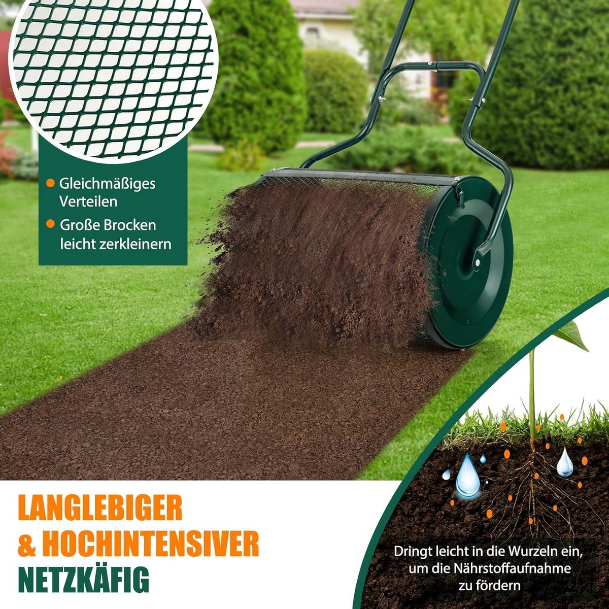 Compoststrooier 75L met Metalen Rooster en Handvat - Voor Gazonmest, Zaad en Graszoden