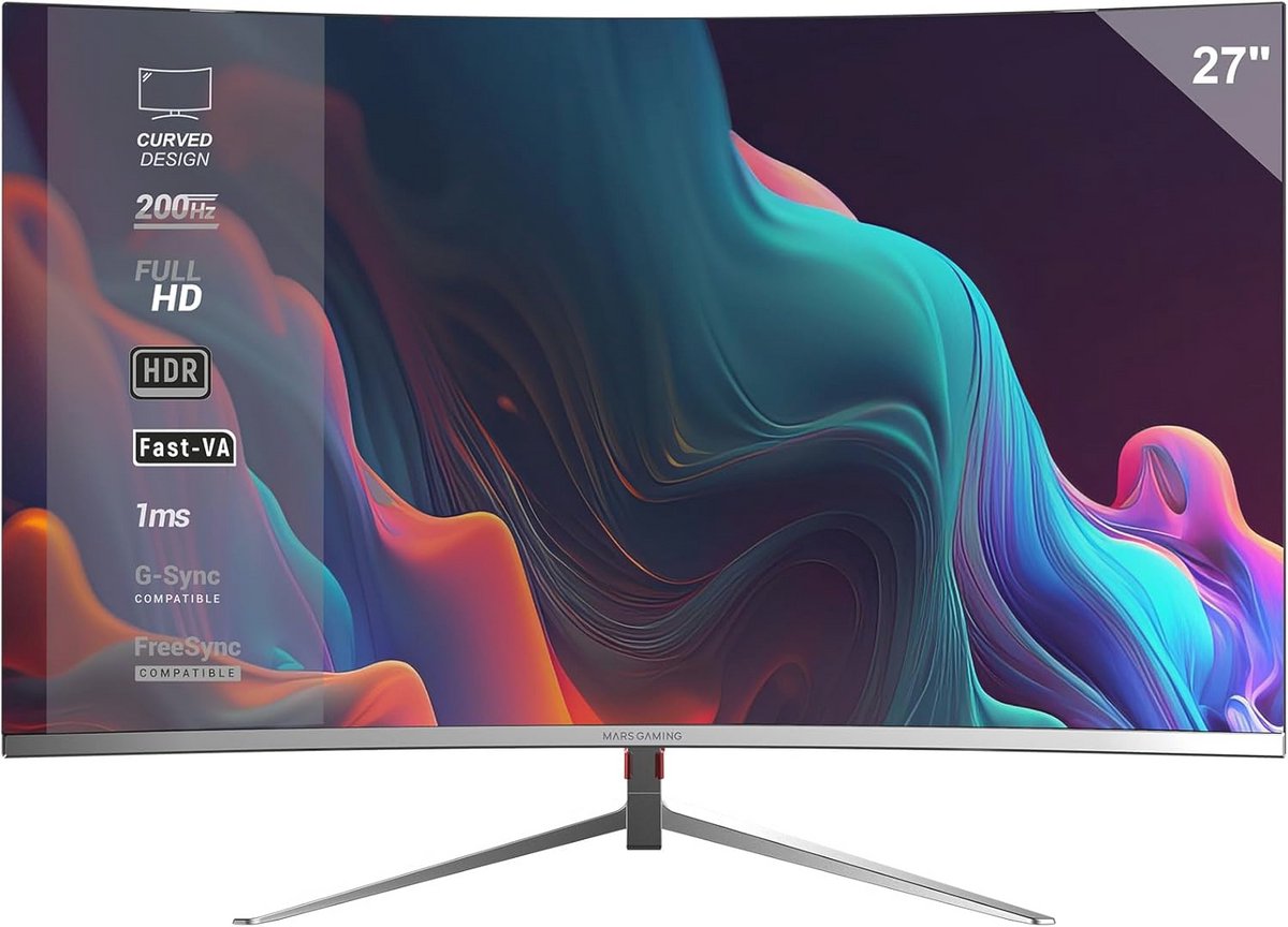 Gebogen Gaming-Monitor 27 inch FHD 1080p 200Hz met HDR10 en 1ms Reactietijd, FreeSync & G-Sync, Randloos Design, Kantelbaar, Laag Blauw Licht, HDMI & DisplayPort
