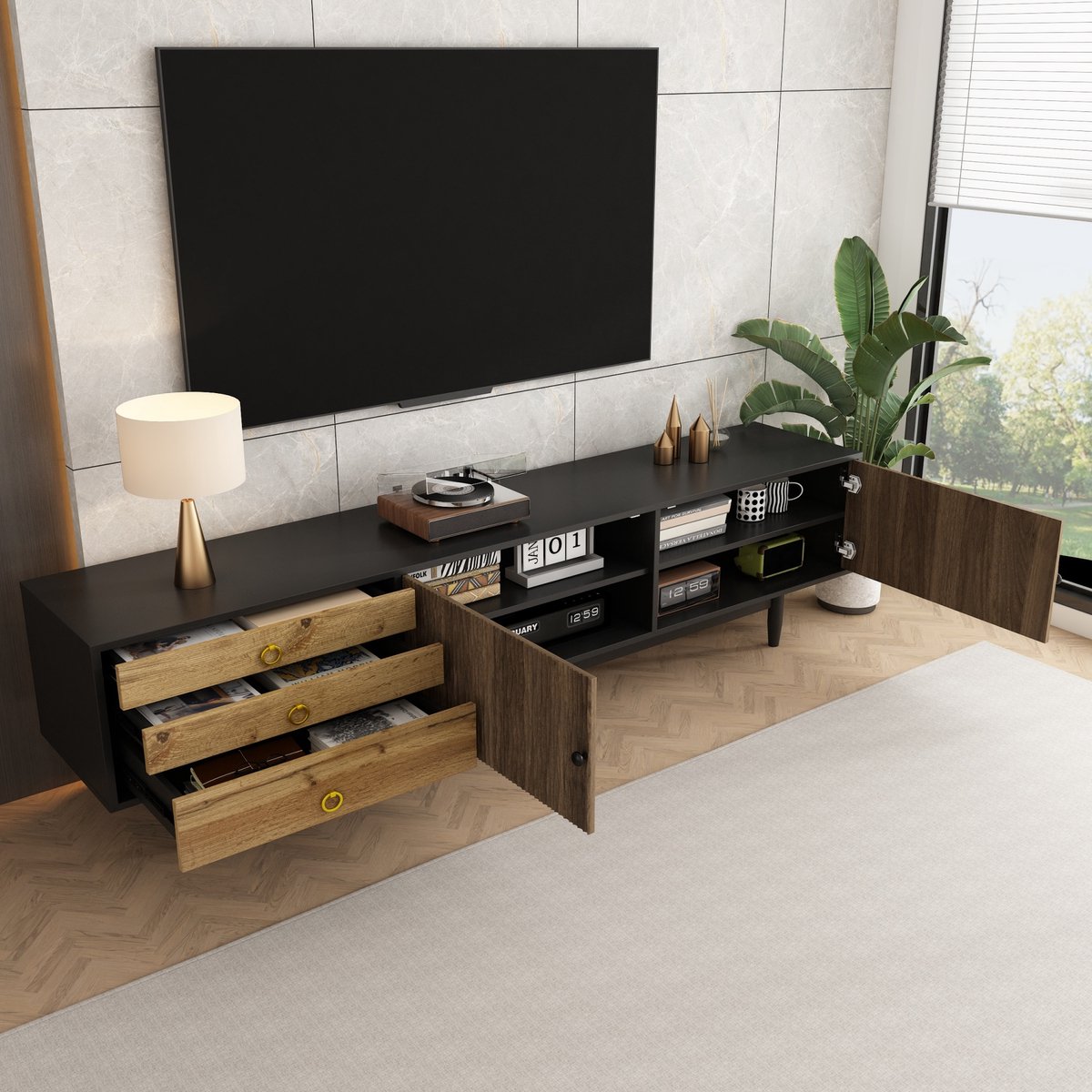 HAUSS SPOLE TV meubel - Lowboard met contrasterend design en watergolf patroon - Met 3 lades en deurpanelen - Voor woonkamer - 180x50x38 cm - MDF - Hout