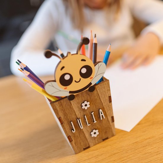 WONDEE Gepersonaliseerde Houten Penhouder Met Naam - Eenhoorn Bureau Organizer Voor Kinderen