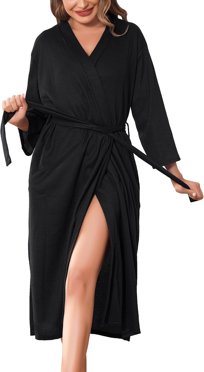 Lange Wafel Kimono Dames - Zachte Badjas en Kamerjas met Zakken - Comfortabele Loungewear