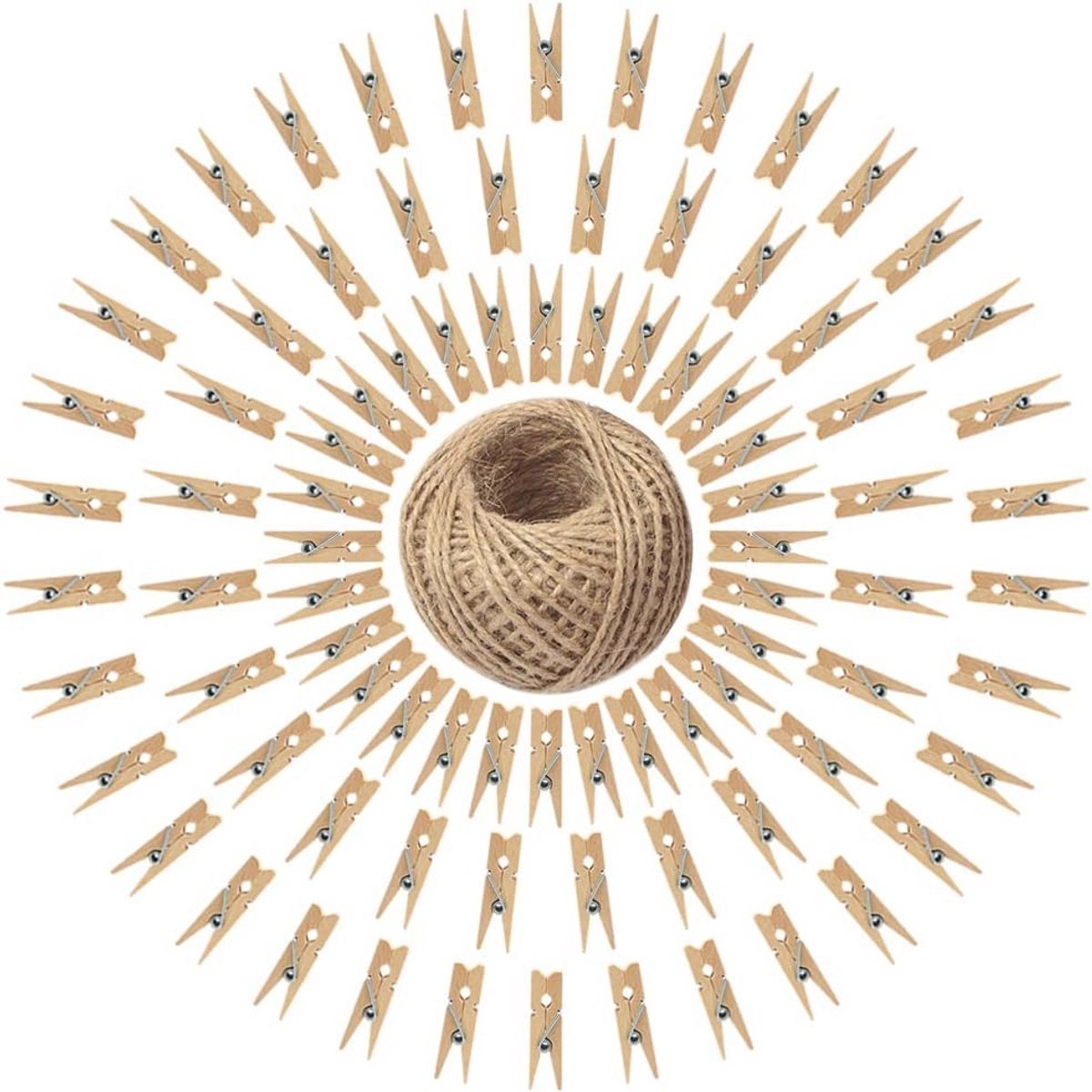 Houten Wasknijpers Set van 100 met Jute Touw voor DIY Creaties en Decoratie