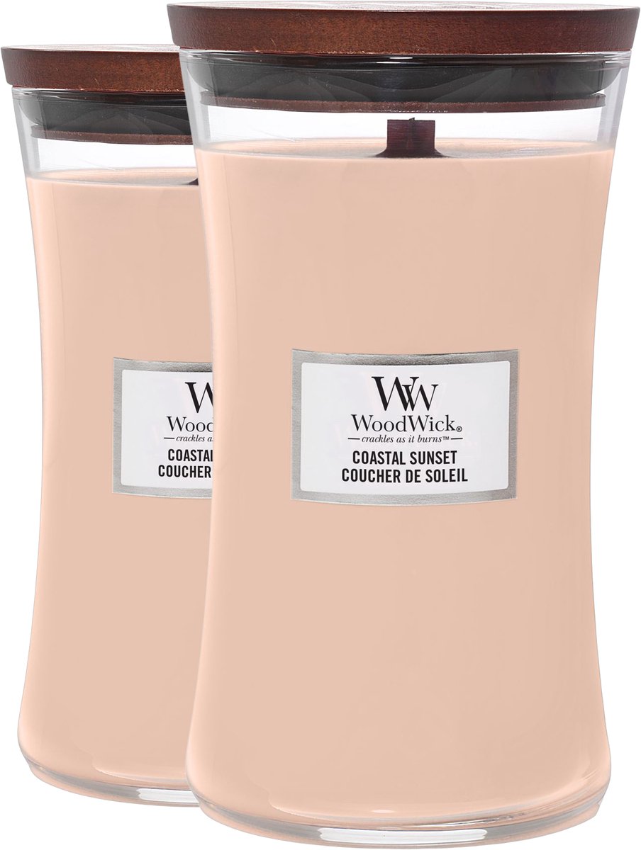 WoodWick Large Hourglass Coastal Sunset - Set van 2 Geurkaarsen - Knisperende Houten Lont - Lange Branduren - Luxe Huisparfum - Afmetingen: B:10xH: 17,5cm - Aantal branduren: ± tot 130 Houtbruin