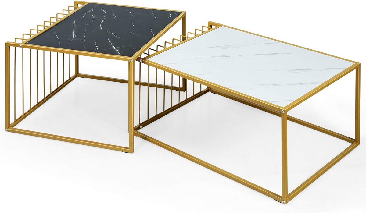 Set van 2 Salontafels met Marmerlook en Gouden Stalen Frame - Koffietafel en Bijzettafel