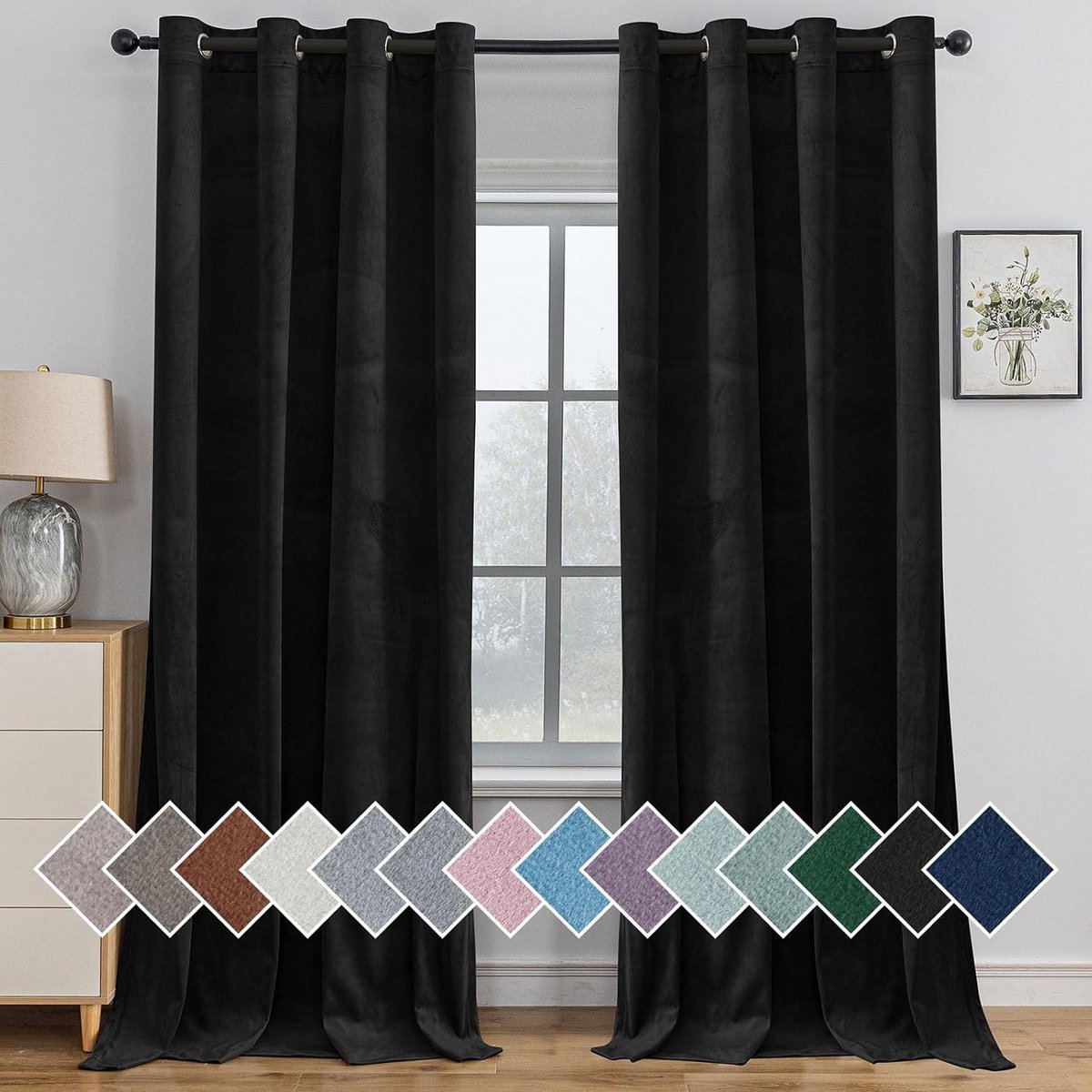 Verduisterende fluwelen gordijnen set van 2 - 140x245 cm per paneel - Thermische isolatie - Met ophangringen - Zwart