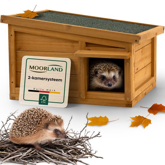 Moorland Waterdicht Houten Egelhuis met Inlooptunnel 45×41 cm – FSC Houten Egelhuisje voor Buiten met Afneembaar Dak, Bodem & Labyrint Ingang – Weerbestendig Egel Voederhuis voor Tuin – IH2