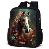 NoBoringSuitcases.com® - Rugzak zwart - Schooltas jongen & meisje - Paard - Bruin - Bloemen - Kleurrijk - Rugtas voor school - Boekentas kind - Schoolrugzak - Kinderrugzak