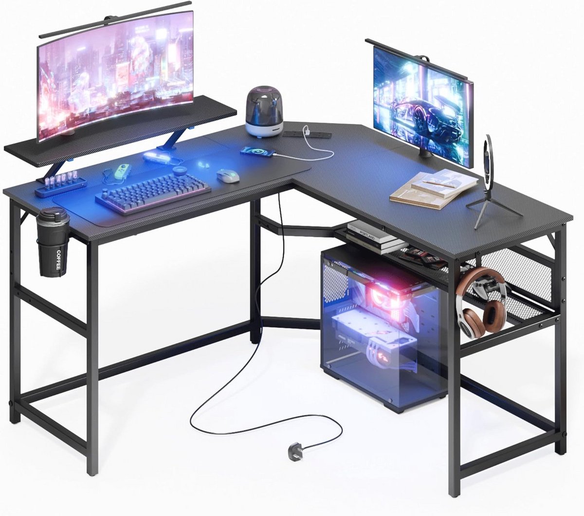 L-vormig Gamingbureau met LED-verlichting, 2 Stopcontacten en USB-poorten, Omkeerbaar Hoekbureau voor Thuiswerk en Studie