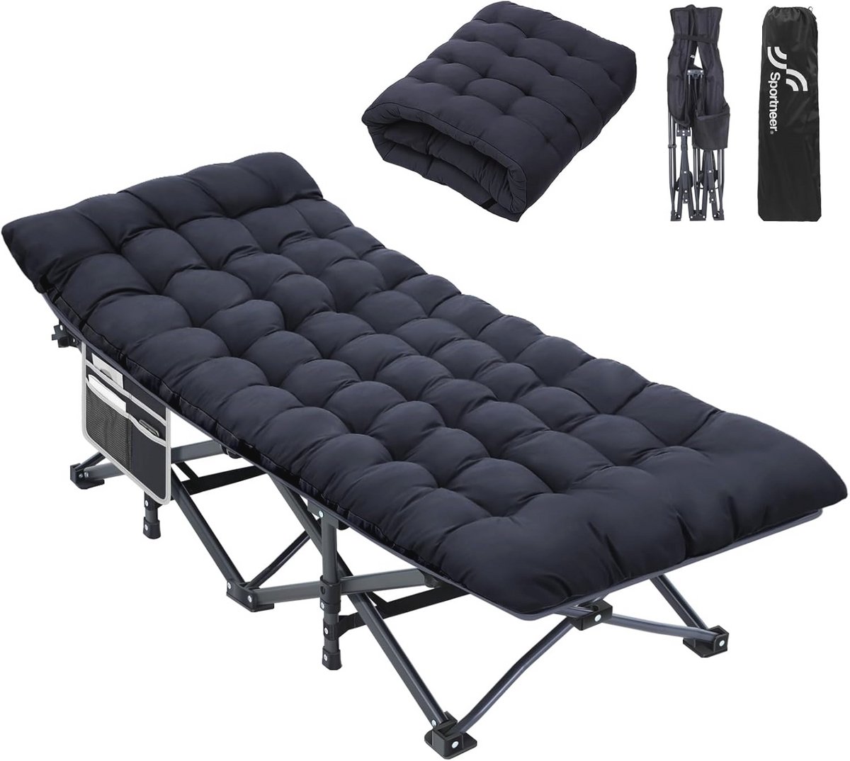 Comfortabel Opvouwbaar Campingbed voor Volwassenen - Heavy-Duty 1200D Oxford met 2 Zijzakken voor Outdoor & Thuis